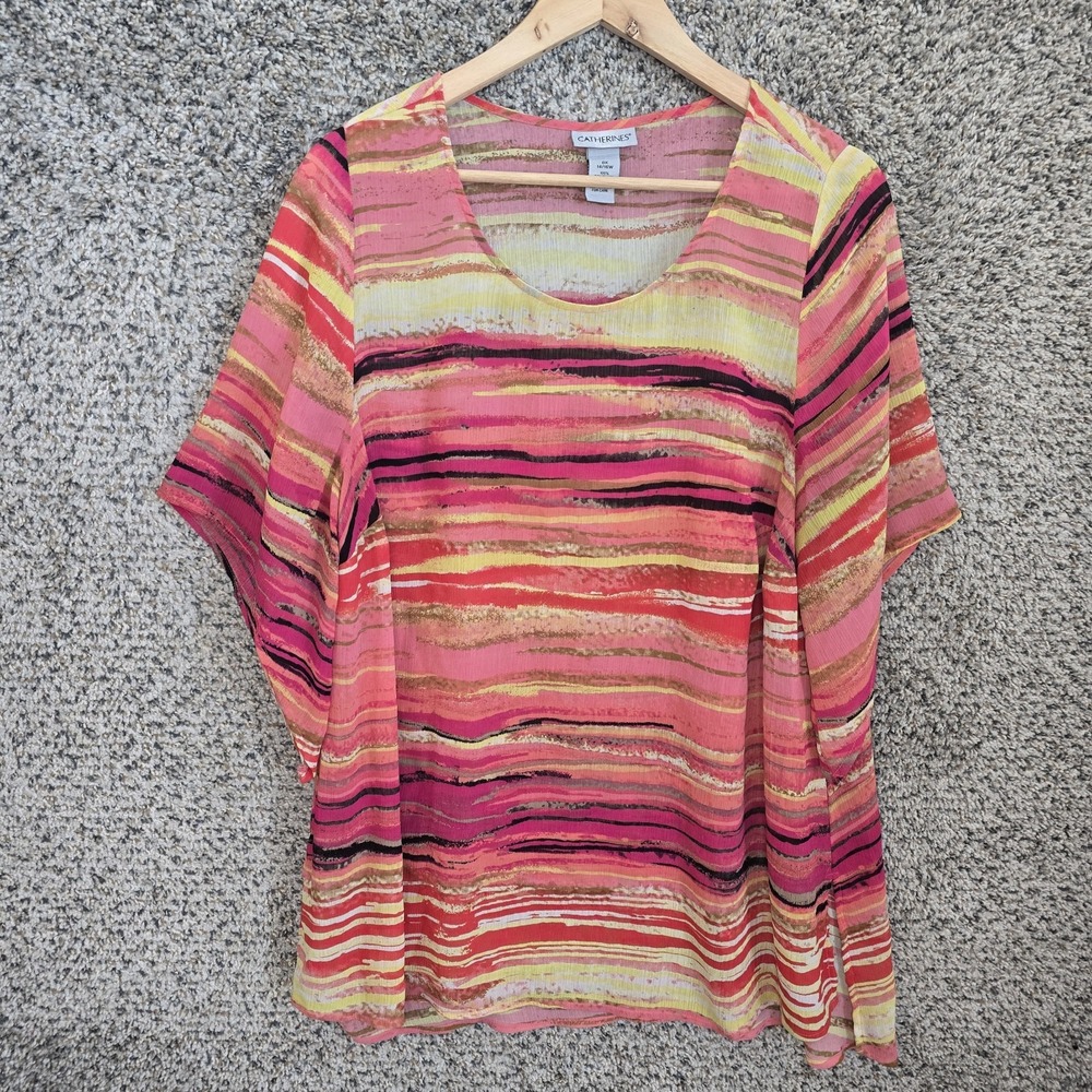 Catherines Top Womens 0X 14/16W Pink‎ Striped Sheer Chiffon Blouse Casual Ladies